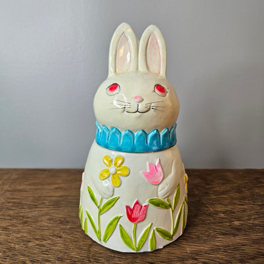 Vintage Japan Easter Bunny Ceramic Trinket Jar Figurine Floral Hand Painted 7in